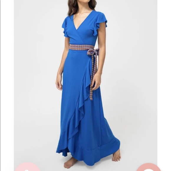 BLUE SOLID WRAP MAXI DRESS - Picture 2 of 8